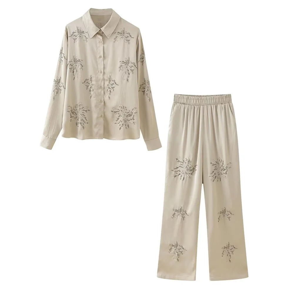 Summer New Product Women's Style Flip Collar with Beaded Embroidered Shirt, High Waist Straight Leg Pants Set