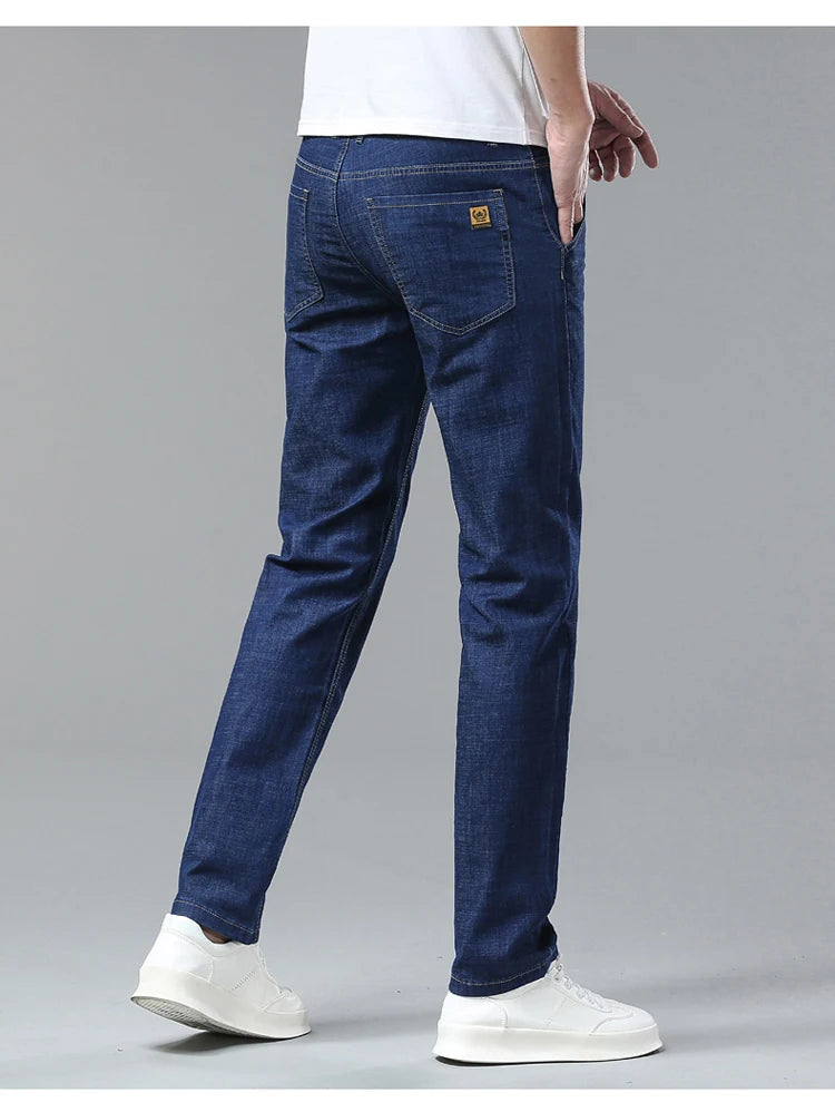 Men's Ice Silk Jeans Summer New Lyocell Thin Business Casual Denim Pants Classic All Match Slim Fit Straight Elastic Jean Male.