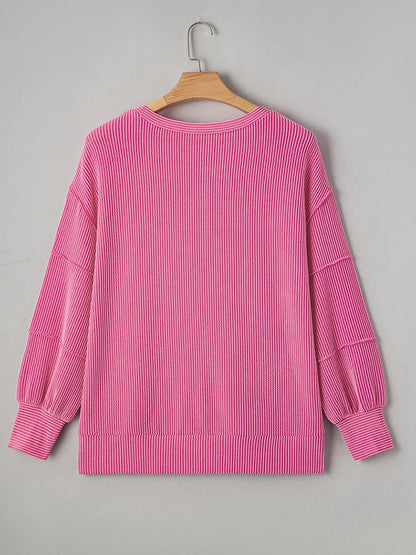 GIBSIE Plus Größe Einfarbig Rippen langarm Sweatshirt Frauen 2025, Herbst Oansatz Casual Lose Passenden Damen Pullover Top.