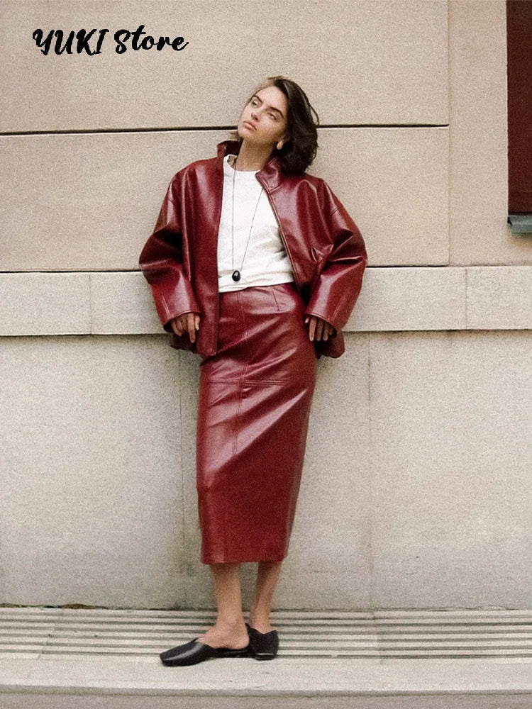 Chic Stand Collar Leather Long Skirt Sets Women Long Sleeve Jackets Spliced Solid Skirts 2025 Autumn Lady Y2k Outfits dress.