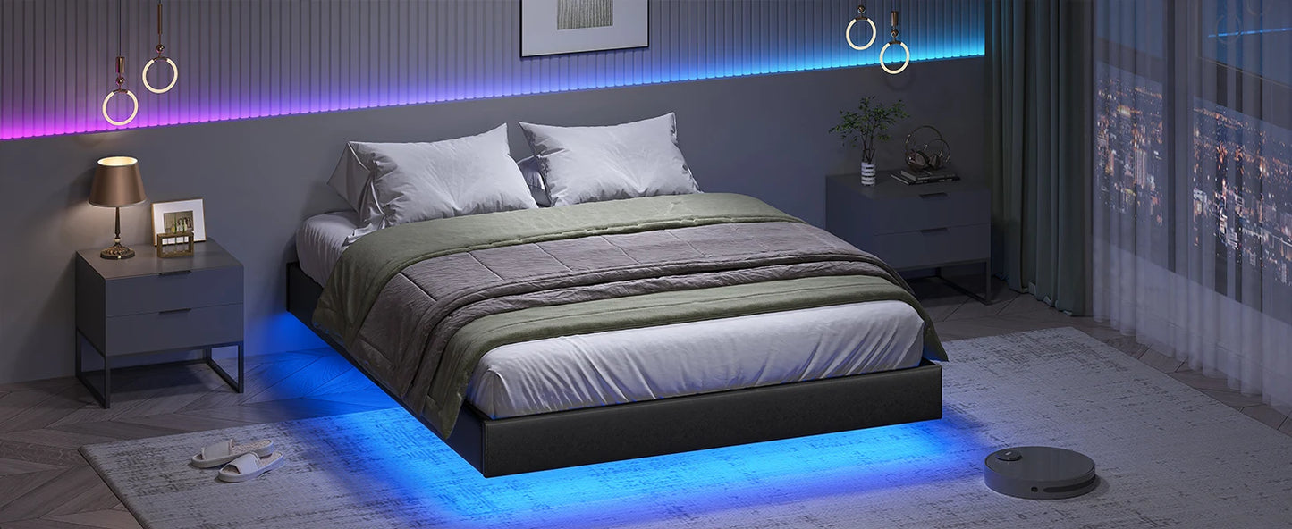 Bett 140x200 mit verstellbarer Beleuchtung, Bettgestell 140x200 mit weicher Polsterung, schwebender Bettrahmen, gepolsterte Jugendbe