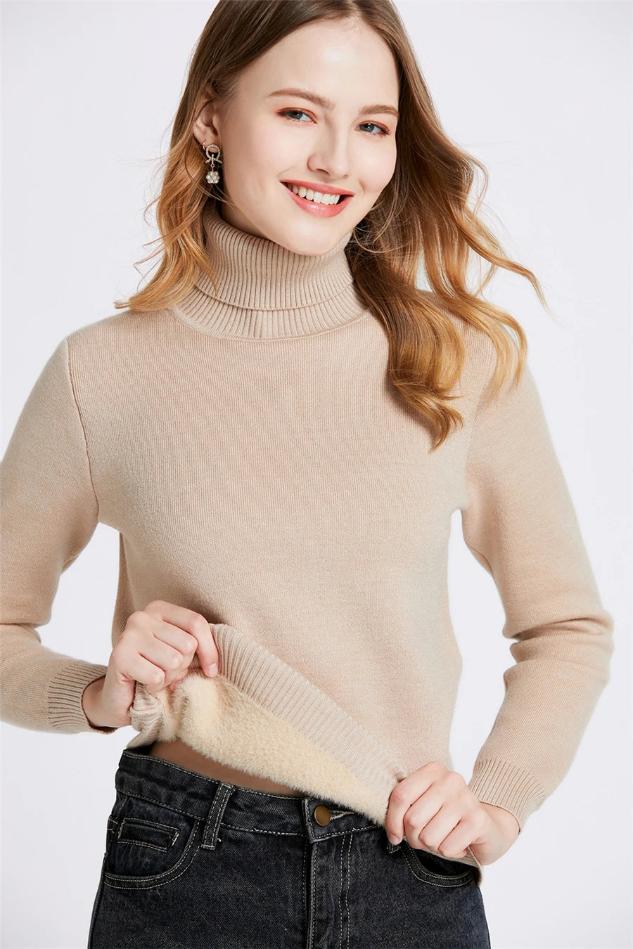 Pullover Für Frauen Winter Verdicken Rollkragen Schlank Stricken Pullover Neue Warme Plüsch Samt Gefüttert Strickwaren Jumper Tops Casual Poleras.