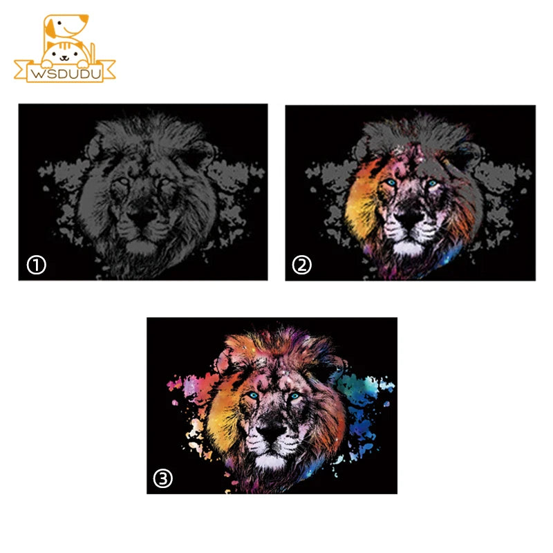 2 Sheets Animal Scratch Art Paper Set with Stylus DIY Rainbow Craft Lion Unicorn Cat Dog Painting Toy Creative Kids Adults Gift.