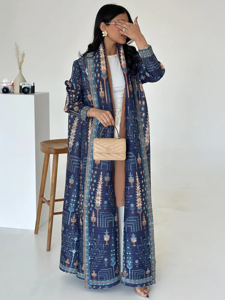 Abaya Miyake Pleated Printed Robe Jacket Arabian Dubai Style Women's Long Sleeve Conservative Demure Muslim Trench Coat 55inches