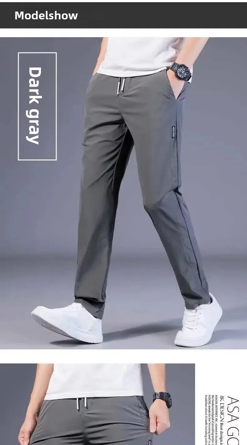 Sommer Dünne Casual Sport Eis Seide Gerade Bein Hosen Schnell Trocknend Lose Fit Große Größe Elastische Tragbare Lange Hosen für Männer.
