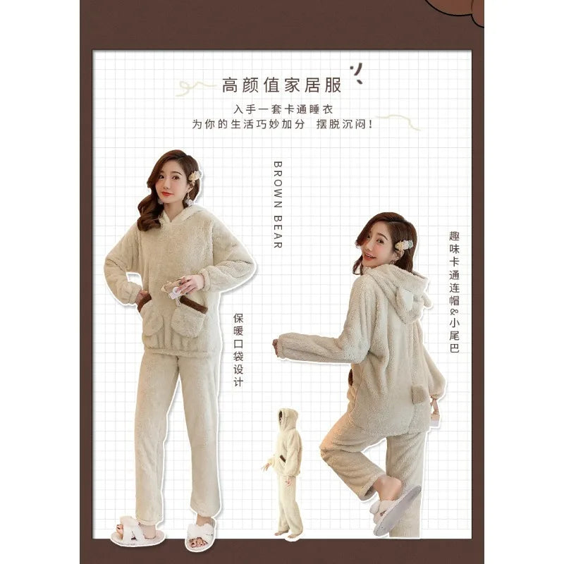 Verdickte warme Flanell Herbst und Winter Frauen Cartoon Plüsch mit Kapuze Bär Nachtwäsche Loungewear zweiteilige solide Nachtwäsche Homewe.