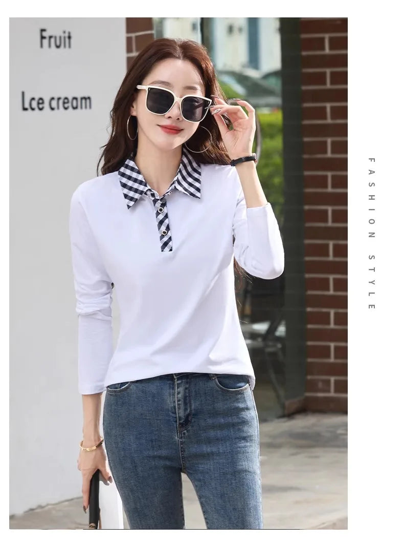 European station lapel long sleeved t-shirt women's new high-end fashion light luxury casual plus size spring and autumn top.