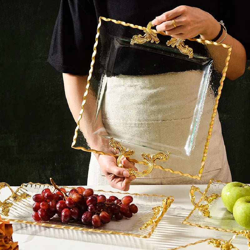 Gold-rimmed Glass Plates, Luxury Fruit Plates, Snacks, Cakes, Snacks, Bread Tray, Binaural Glass Plates, Rectangular Trays.