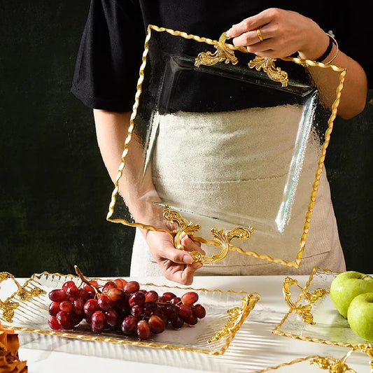Gold-rimmed Glass Plates, Luxury Fruit Plates, Snacks, Cakes, Snacks, Bread Tray, Binaural Glass Plates, Rectangular Trays.