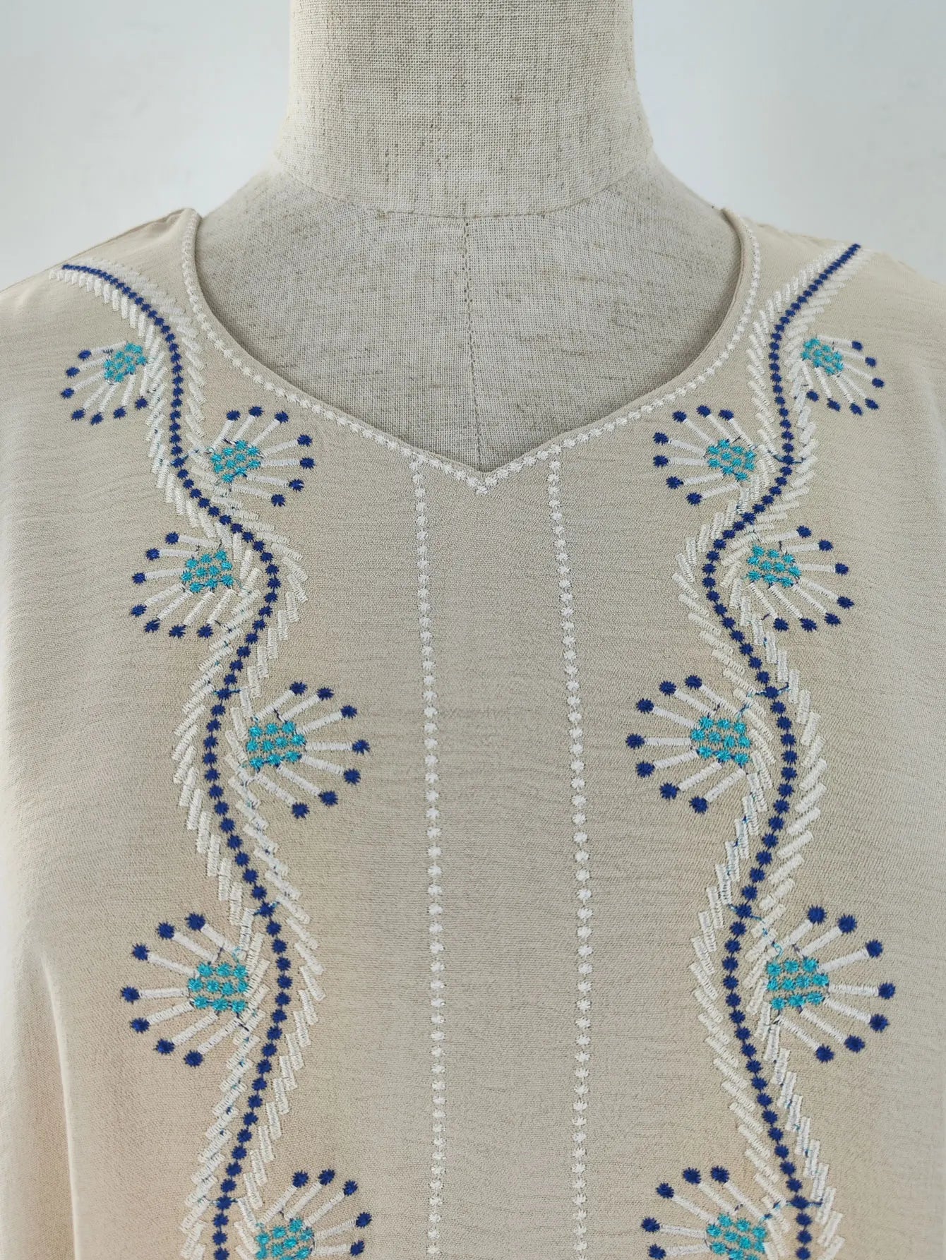 Beige Abaya Embroidered with Blue Patterns on Neckline Sleeves with Trim for Middle East Daily Wear Islamic Festivities Ramadan.
