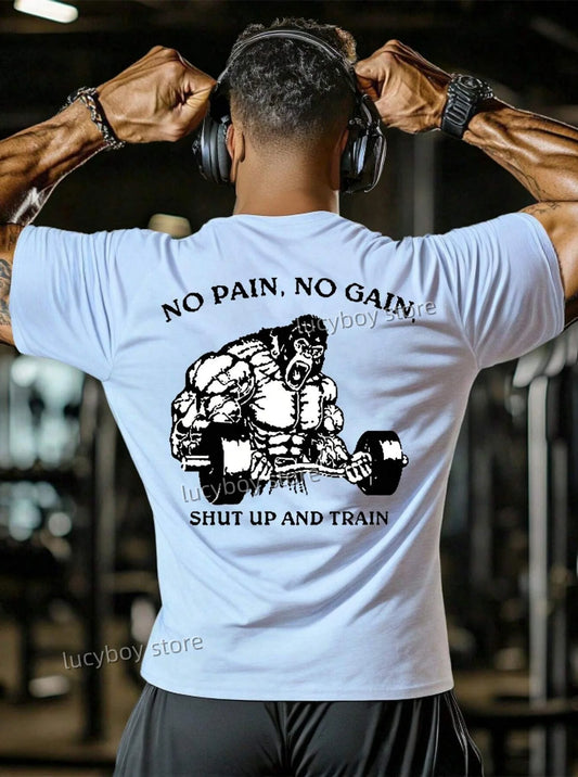 NO PAIN NO GAIN Mens Gym Muscle Training T Shirt  Sports Jogging Short Sleeve Tees Quick Drying Running  Men Oversized Clothing.