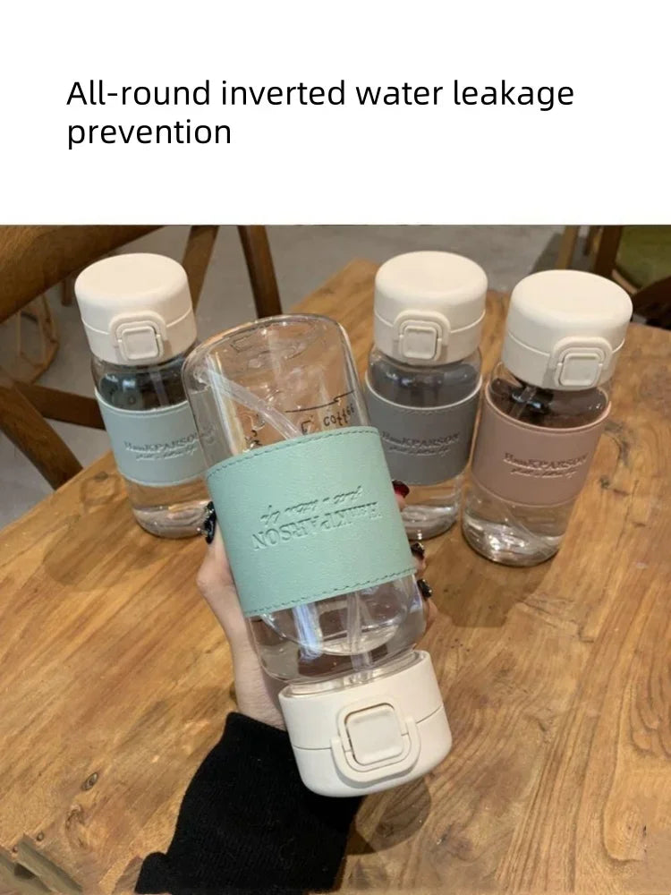 500ml Portable Water Bottle with Straw Creative Cute Leak-proof Plastic Drinking Bottle Milk Coffee Tea Juice Cup Drinkware.