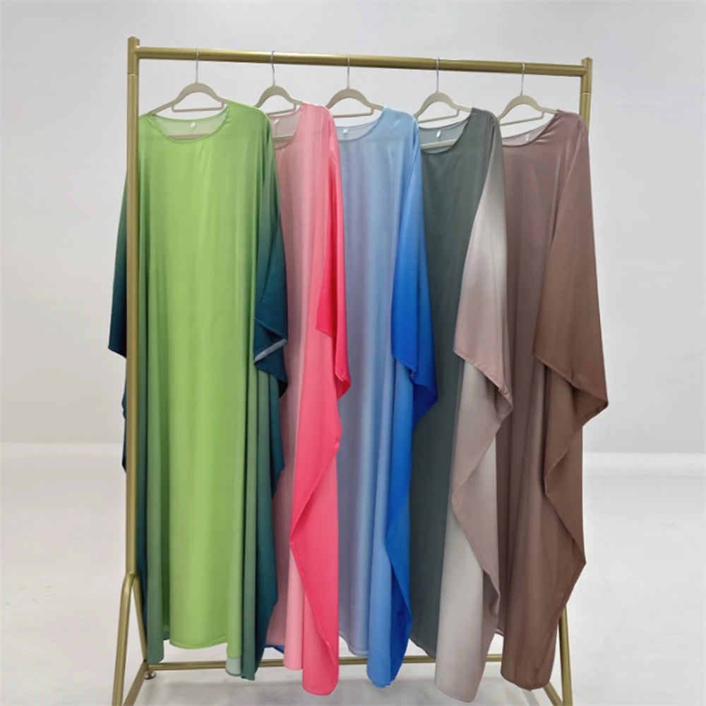Gradient Batwing Butterfly Sleeve Satin Abaya Dubai Luxury Muslim Kaftan Dress For Women Kebaya Caftan Marocain Femme Vestidos.
