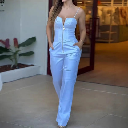 Women's Fashionable High-waist Jumpsuit Office Sexy Zipper Jumpsuit Summer Casual Commuting Solid Color Long Suspender Jumpsuit.