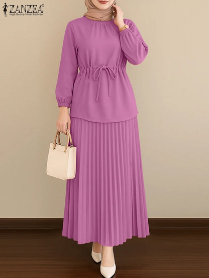 ZANZEA Elegant Women Autumn 2 Piece Sets Muslim Tracksuits Fashion Long Sleeve Tops Pleated Maxi Skirts Suit 2PCS Work Outfits