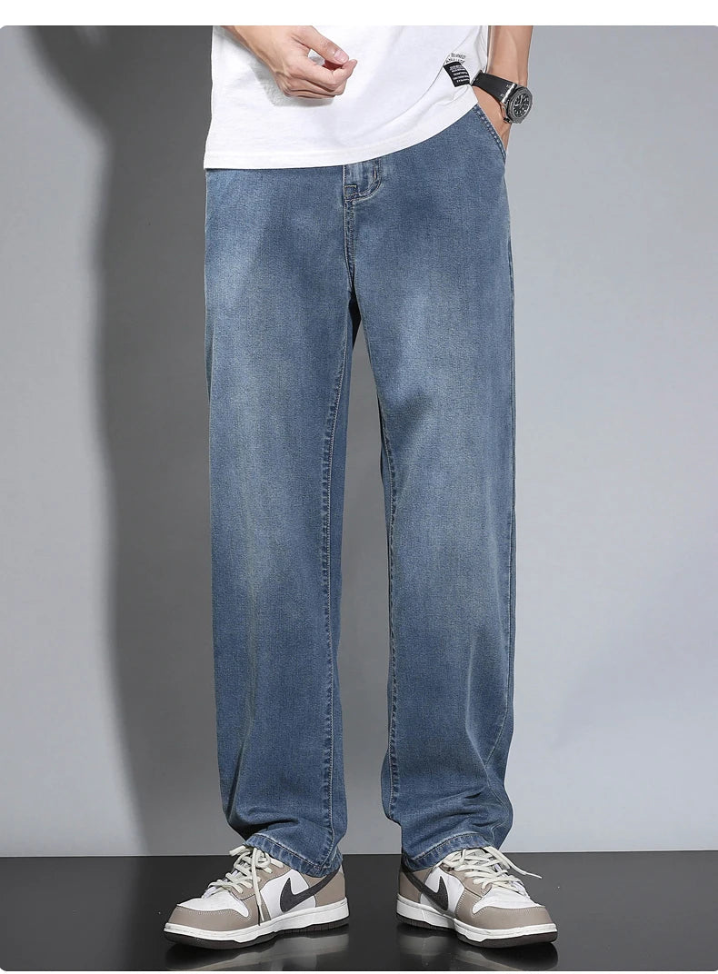 Summer Thin Men's Straight Loose Gray Jeans Soft Fabric Lyocell Fabric Light Colored Casual Pants Male Brand Trousers.