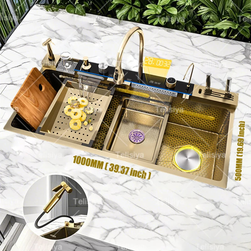 Goldenes Edelstahl-Wasserfall-Küchenspülbecken, multifunktional, groß, Einzelschlitz, Digitalanzeige, Geschirrspülbecken