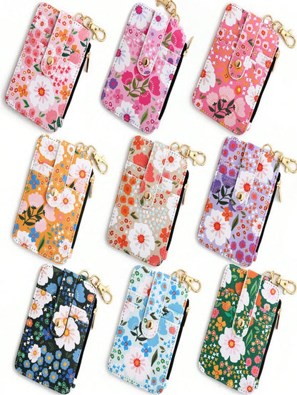 A printed folded vertical bag zipper card holder floral coin purse women's wallet.