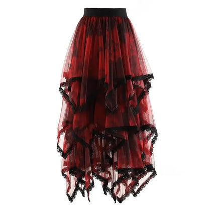 Irregular Hem Lace Cake Mesh Midi Long Skirt High Elastic Waist Ball Gown Harajuku Gothic Cosplay Maxi Skirts Red Party Skater.
