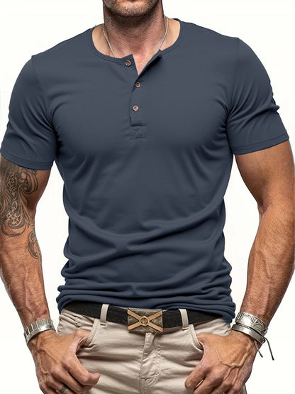 Men's Short Sleeve Henley Neck T-shirt Solid Color Male Tops Slim Fit Button Neck Casual Cozy Tshirt  Streetwear.