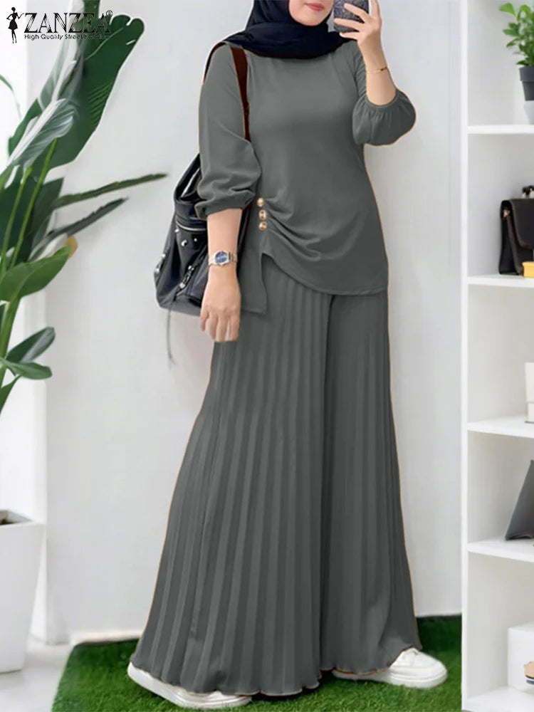 ZANZEA Muslim Women 2 Pieces Pant Sets Hijabis Casual Asymmetric Hem Long Sleeve Blouses & Pleated Pants 2pcs Suits Outfits.