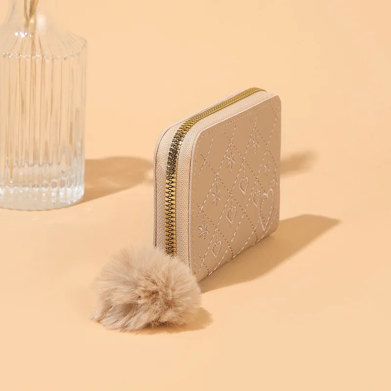 Women Fashion Zipper Wallet with Hairballs Simple Versatile Short Coin Purse Multi-Functional Multi-Card Slot Card Bag.