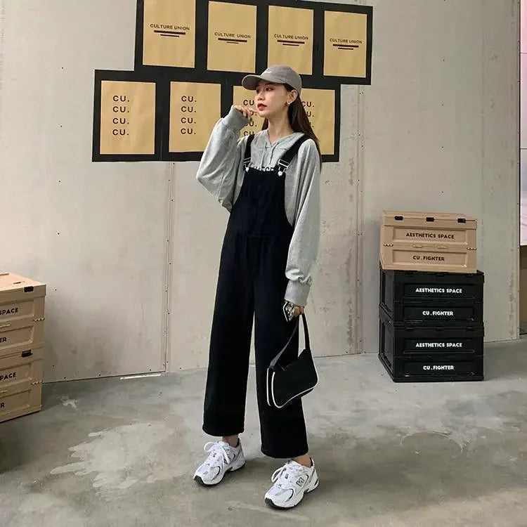 Jumpsuits Women Solid Retro Japanese Style Streetwear Denim Suspenders Trousers Harajuku Stylish Hip Hop Straight Overalls Teens