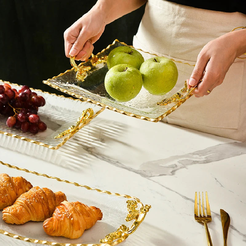 Gold-rimmed Glass Plates, Luxury Fruit Plates, Snacks, Cakes, Snacks, Bread Tray, Binaural Glass Plates, Rectangular Trays.