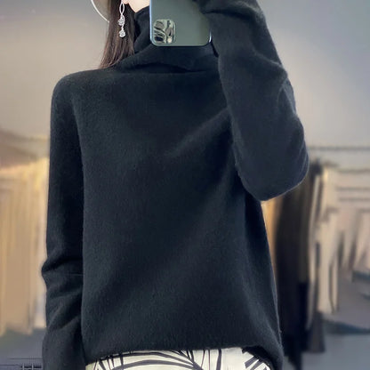 2025 100% Merino Wool Sweater Elegant Cashmere Pullover Women Pile Collar Long Sleeve Knitwear Basic Clothing  Jumper Tops
