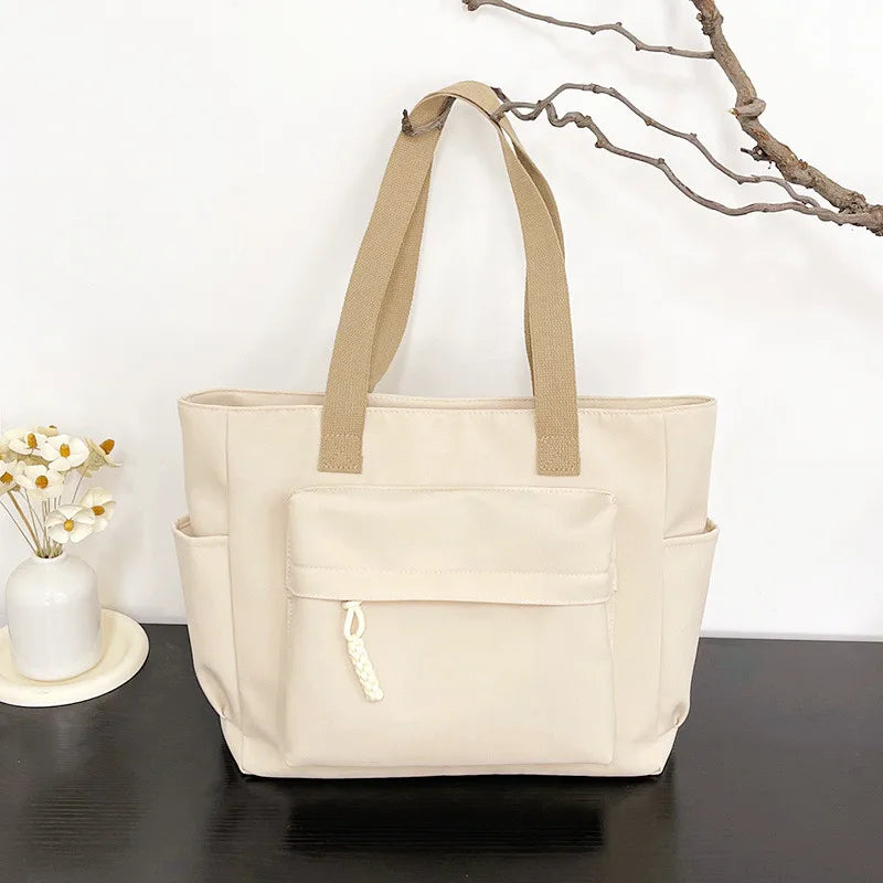 Nylon Tote Bag with Multiple Pocket Lightweight Foldable Design for Office Commute Shopping Fitness Storage Handbag Shoulder Bag