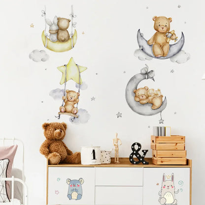 Cute Bear Moon Star Wall Stickers for Kids Rooms Girls Boys Baby Room Decoration Kawaii Cartoon Animal Nursery Wallpaper Vinyl