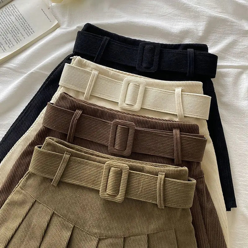 Pleated Mini Skirts Women Japan Students Corduroy Preppy Style Autumn Winter Basic Solid Bottoms Chic Vintage JK Slim All-match.