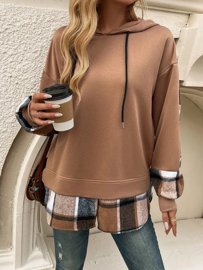 Women's Hoodie For Autumn And Winter 2025; Color-blocked Casual Pseudo Two-piece Raglan Long-sleeved Sweat For Women.