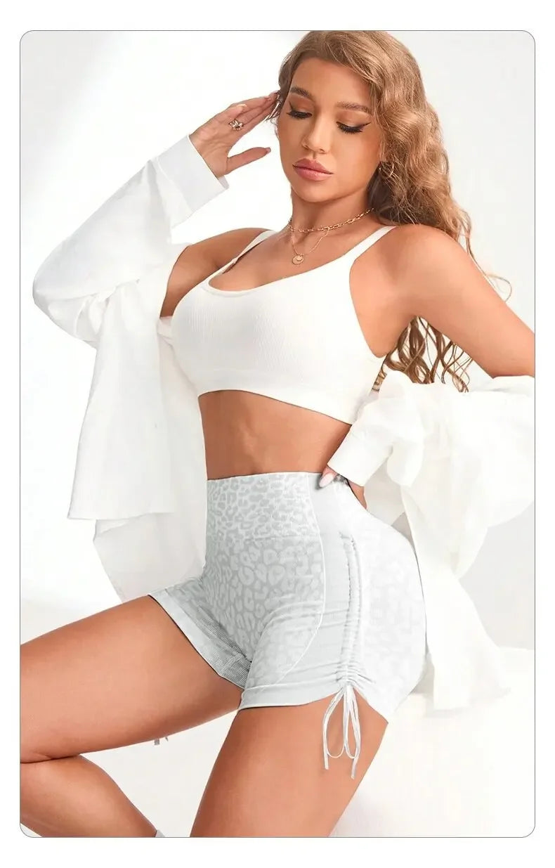 Women High Waist Yoga Shorts Side Drawstring Sexy Leopard Print Sports Shorts Gym Athletic Running Leggings Workout Shorts.