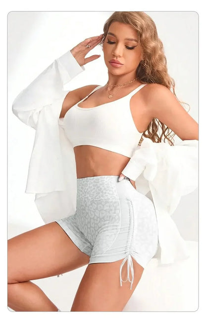 Women High Waist Yoga Shorts Side Drawstring Sexy Leopard Print Sports Shorts Gym Athletic Running Leggings Workout Shorts.