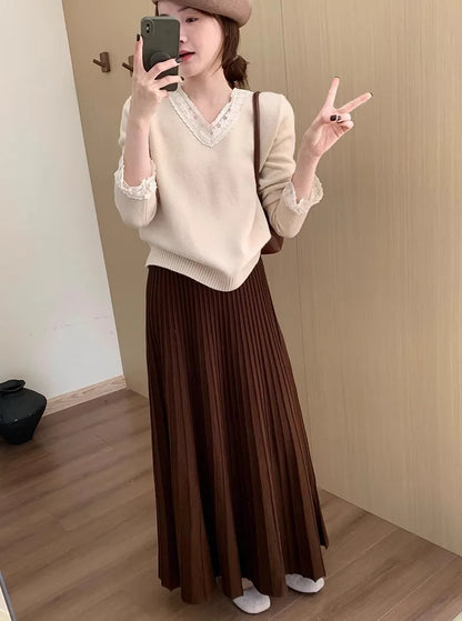 2026 Khaki Cashmere Knitted Midi Skirt for Women, Loose Fit, Draped, Slimming A-Line Pleated Skirt for Autumn and Winter