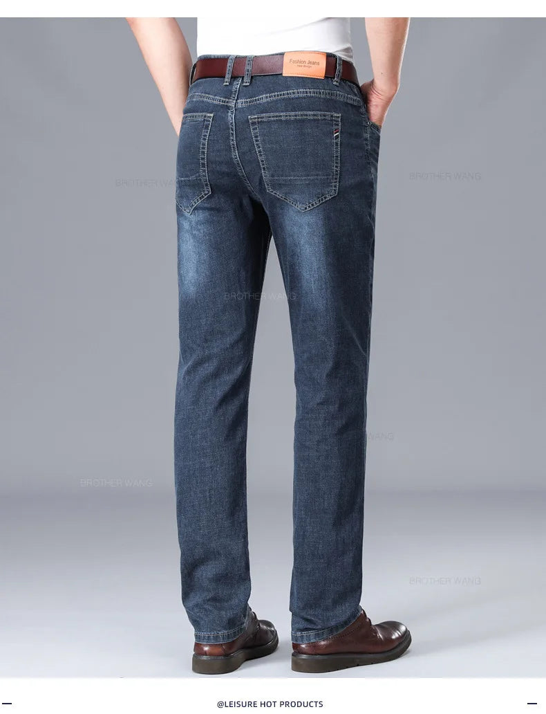 Brand Men's Fashion Summer Thin Jeans Comfortable Stretch Cotton Business Straight Casual Denim Pants Light Gray Blue Pants.