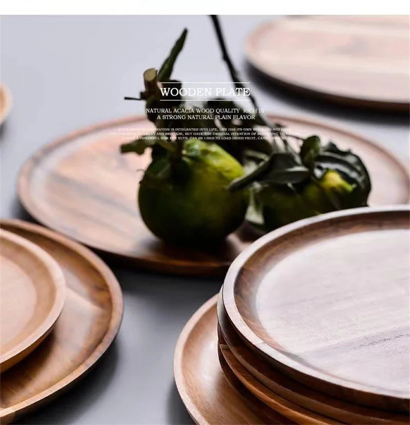 Wooden Tray Simple Round Serving Tray Retro Wood Plates Fruit Dessert Tray Snack Fruit Platter Food Plate Dish Storage Tray.