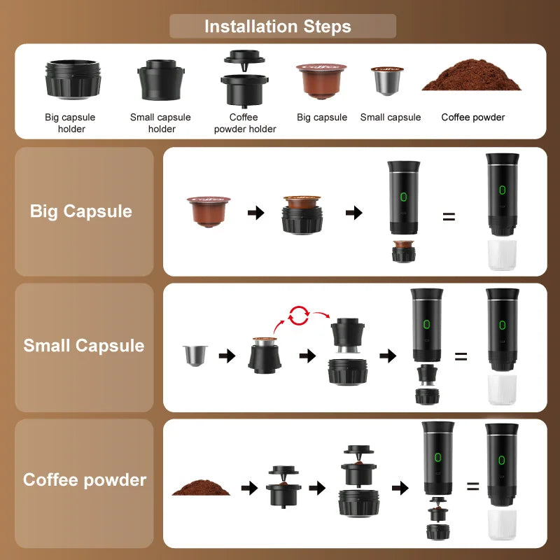 Wireless Electric Portable Espresso Coffee Machine for Car & Home Camping Coffee Maker 3-in-1 Capsule Powder Travel Coffee Maker.