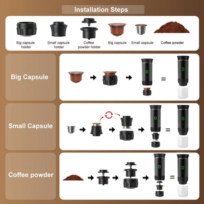Wireless Electric Portable Espresso Coffee Machine for Car & Home Camping Coffee Maker 3-in-1 Capsule Powder Travel Coffee Maker.