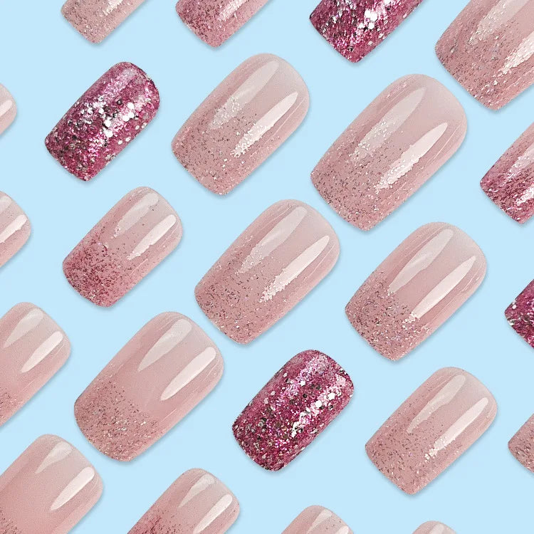 24Pcs Short False Nails with Shimmery Powder Ballet Nail Art Full Cover French Sheer Wearable Nail Manicure Tips for Girls Daily.