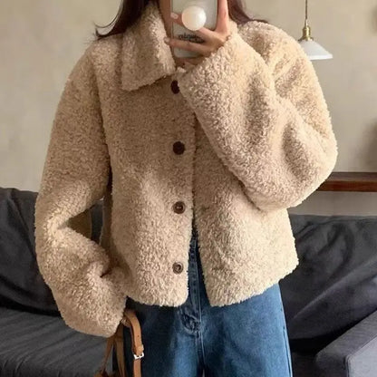 Frauen Herbst Winter Doppel Fleece Warme Verdicken Jacke drehen-unten Einreiher Kurze Oberbekleidung Lose Mode Lässig Mantel.