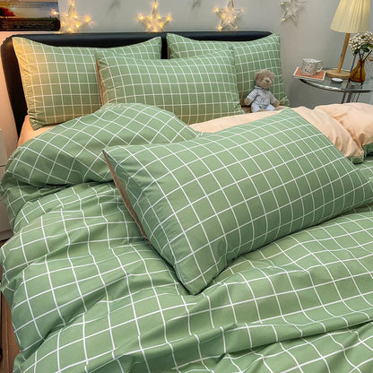 Nordic Plaid Pattern Wash Cotton Bedding Set Duvet Cover Pillowcase Bed Sheet Set Comforter Cover Bed Linens Set Queen King Size.