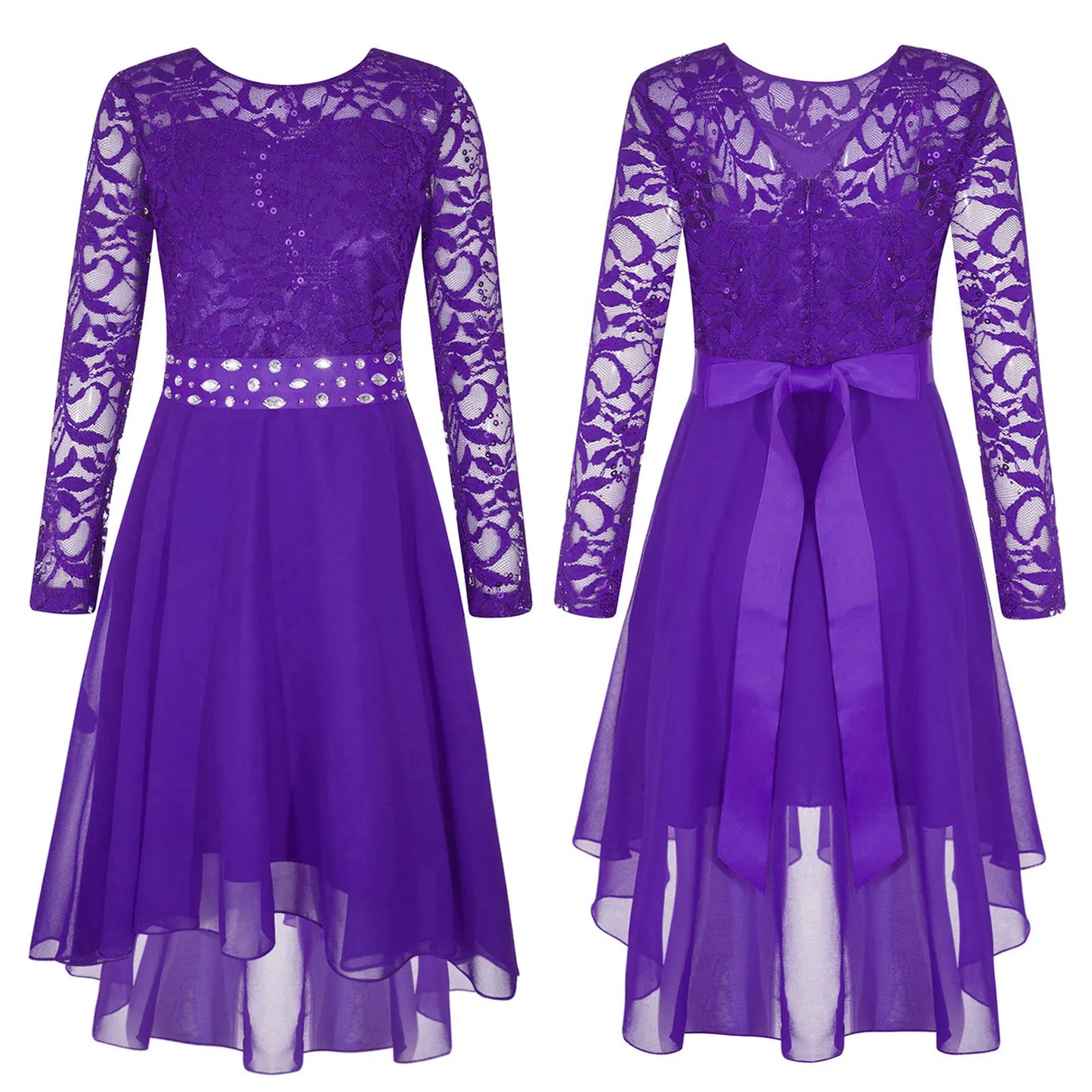Elegantes Spitzen-Partykleid für Kinder, Mädchen, Chiffon, Spleißen, langärmelig, Kleid mit hohem und niedrigem Saum und Strass-Schärpe für Hochzeit, Geburtstag