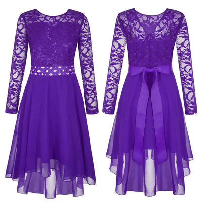 Elegantes Spitzen-Partykleid für Kinder, Mädchen, Chiffon, Spleißen, langärmelig, Kleid mit hohem und niedrigem Saum und Strass-Schärpe für Hochzeit, Geburtstag
