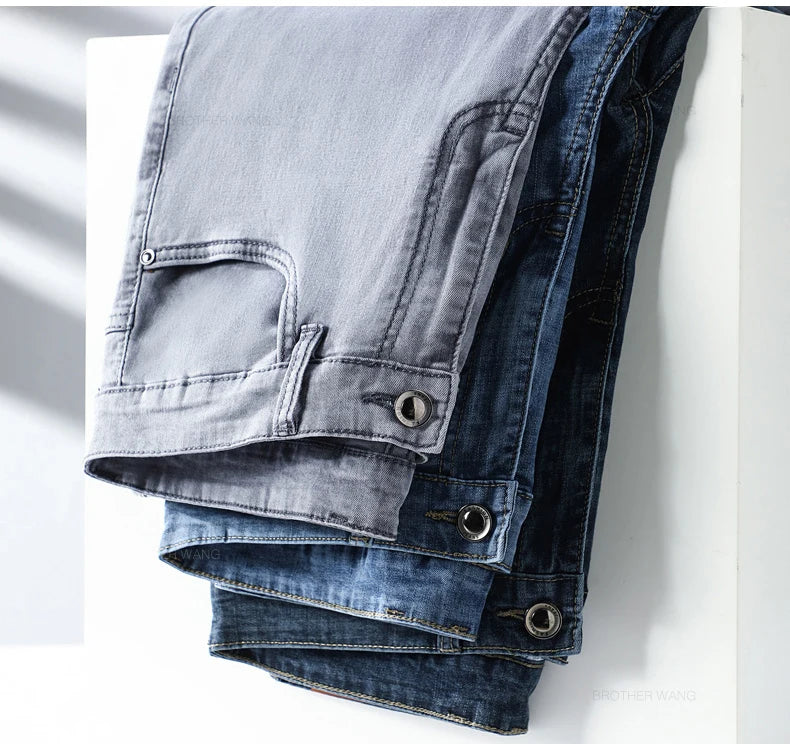 Brand Men's Fashion Summer Thin Jeans Comfortable Stretch Cotton Business Straight Casual Denim Pants Light Gray Blue Pants.