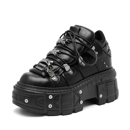 Punk Stil Frauen Schwarze Schuhe Rock Metall Dekor Lace-up Ferse Höhe Plattform Schuhe Gothic Mann Turnschuhe Frauen Stiefeletten 2025, Neue.