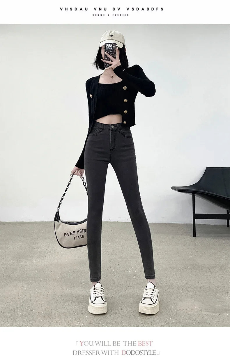 Spring and Summer Women's Casual Office Tight Solid Color Jeans Stretch Sexy Fashionable Classic Slim Fit Denim Pants Female.