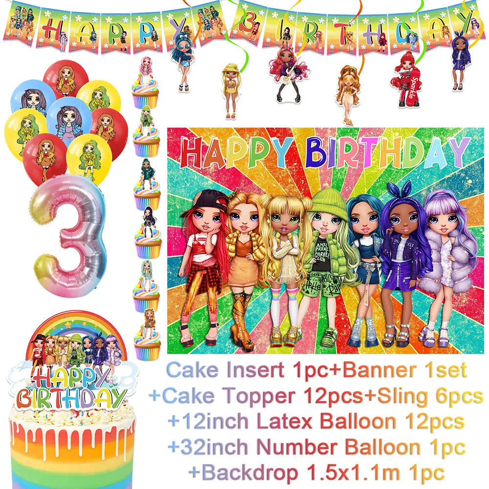 Cartoon Regenbogen Puppe High School Thema Hintergrund Geburtstag Party Dekoration Lieferungen Einweg Tasse Besteck Ballon Baby Geschenk.