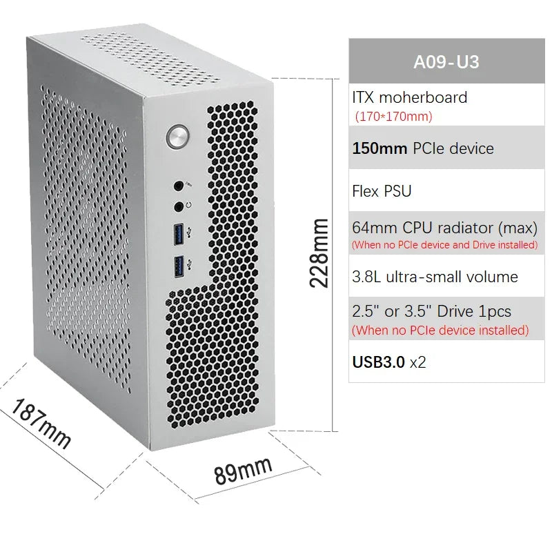 A09 3.8L ITX Chassis A4 HTPC Portable Computer PC Support PCIe 2.5' SSD Drive Mini IPC Flex PSU Case.